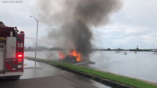 Boat catches fire at the Davis Island boat ramp