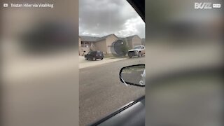 Ce gros trampoline roule à travers la rue et se cogne aux voitures