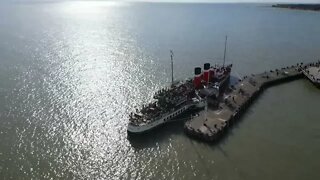 DJI Mini 3 Pro drone flys around the Waverley Paddle Steamer boat ship At Clacton On Sea Essex Pier