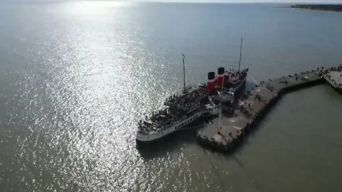 DJI Mini 3 Pro drone flys around the Waverley Paddle Steamer boat ship At Clacton On Sea Essex Pier