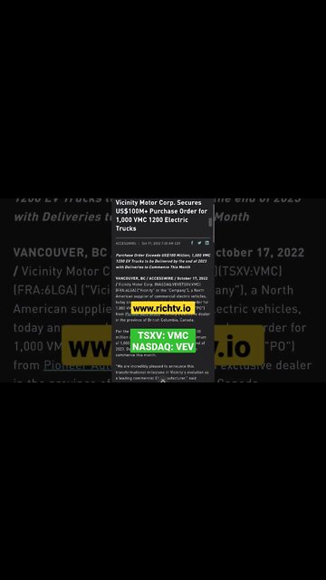 Vicinity Motor Corp. Secures US $100 Million + Purchase Order (TSXV: VMC NASDAQ: VEV)