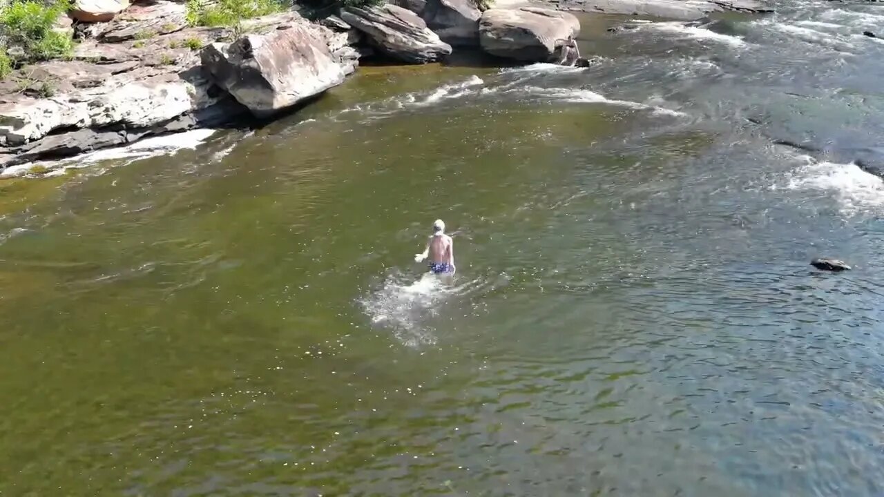 Kids playing in the River DRONE FOOTAGE