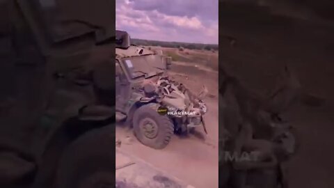 A damaged and abandoned Husky TSV armored car donated to Ukraine by British partners