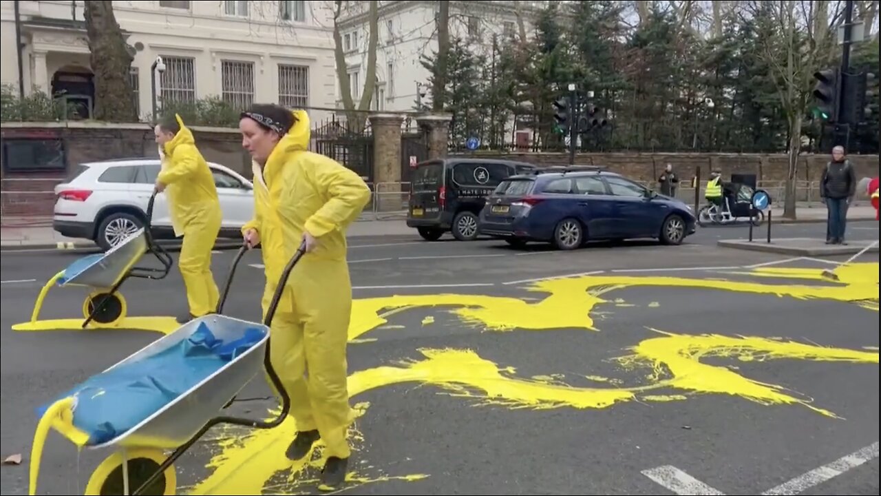 Four Arrested After 'Ukrainian Flag' Paint Protest Outside The Russian Embassy In London