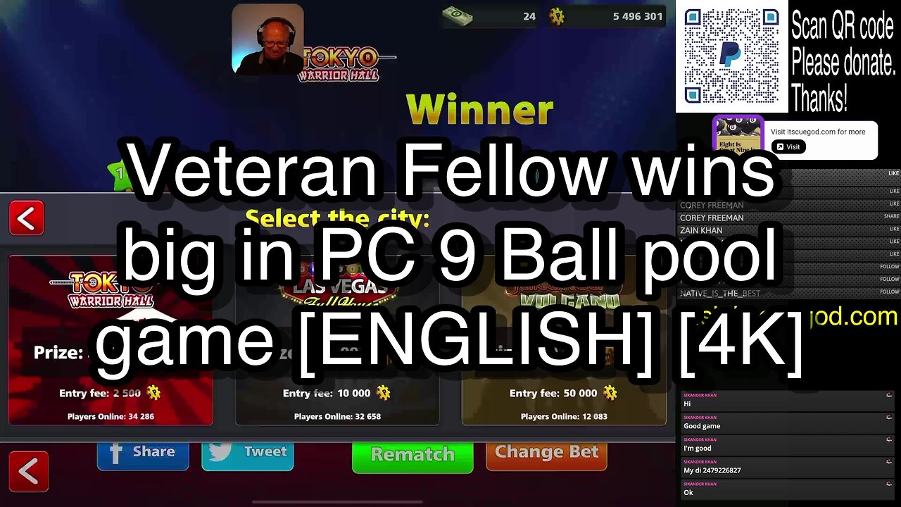 Veteran Fellow wins big in PC 9 Ball pool game [ENGLISH] [4K] 🎱🎱🎱 8 Ball Pool 🎱🎱🎱