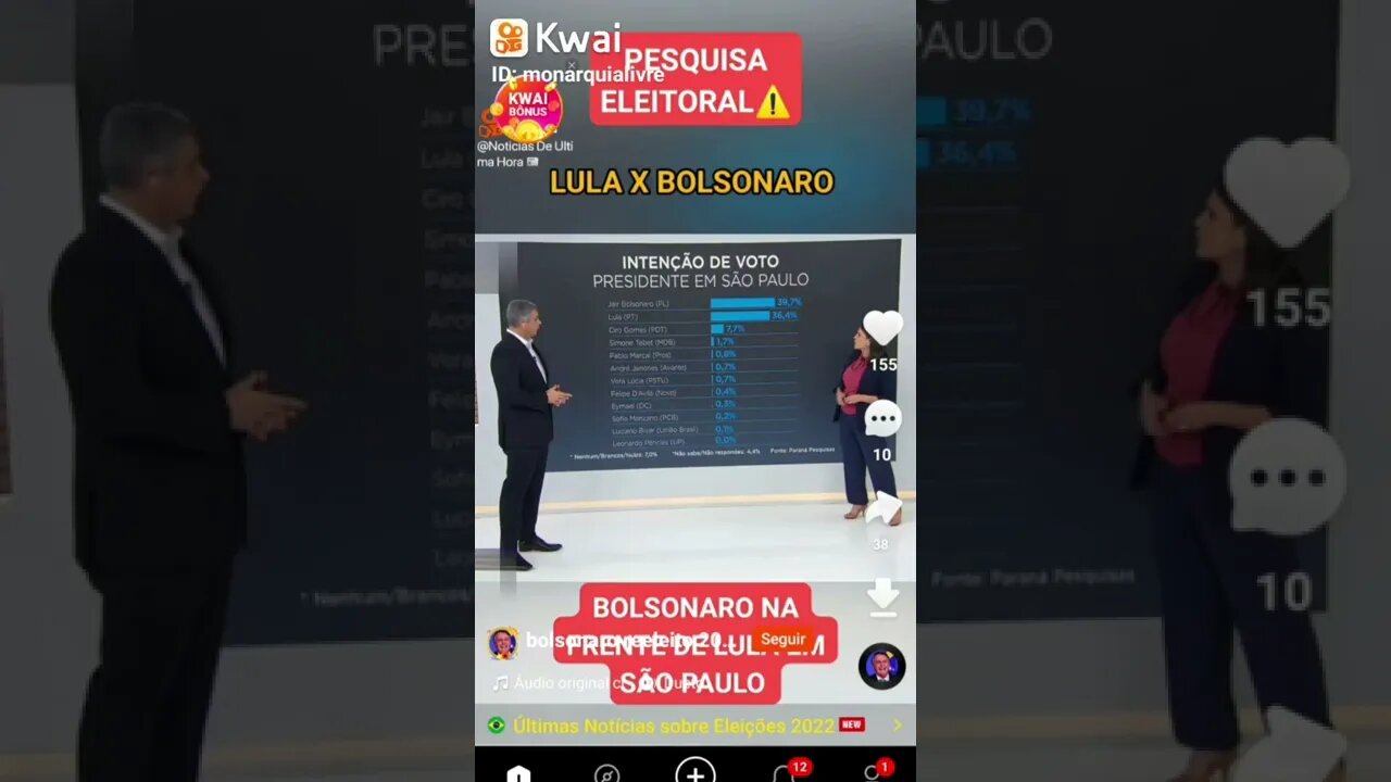 Pesquisa para presidente da Republica em SP. Bolsonaro na frente e lula Derretendo?