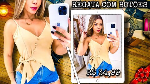 Regata com Botões Forrados e Detalhe de Amarração Lateral/ Corte Assimétrico/@shopee
