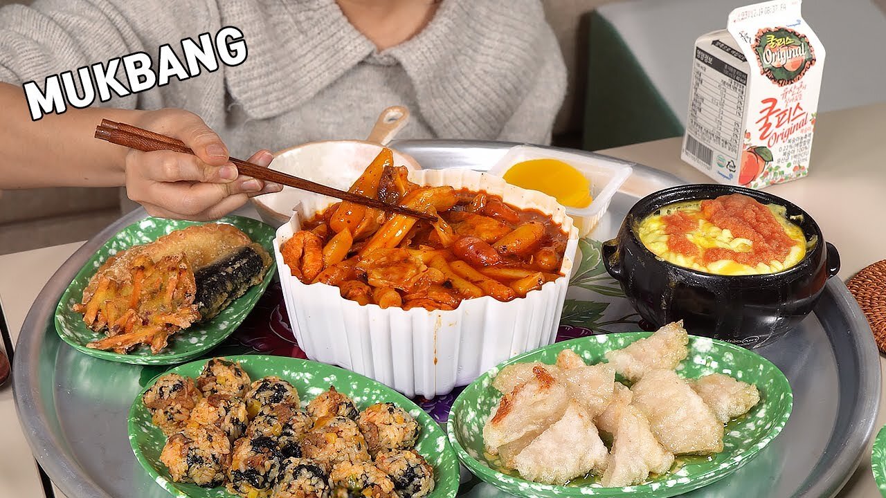 MUKBANG :) Mara Tteokbokki, cheese steamed egg, fried food, rice ball.