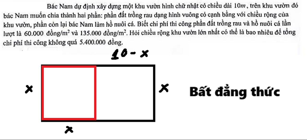 Bác Nam dự định xây dựng một khu vườn hình chữ nhật có chiều dài 10m, trên khu vườn đó