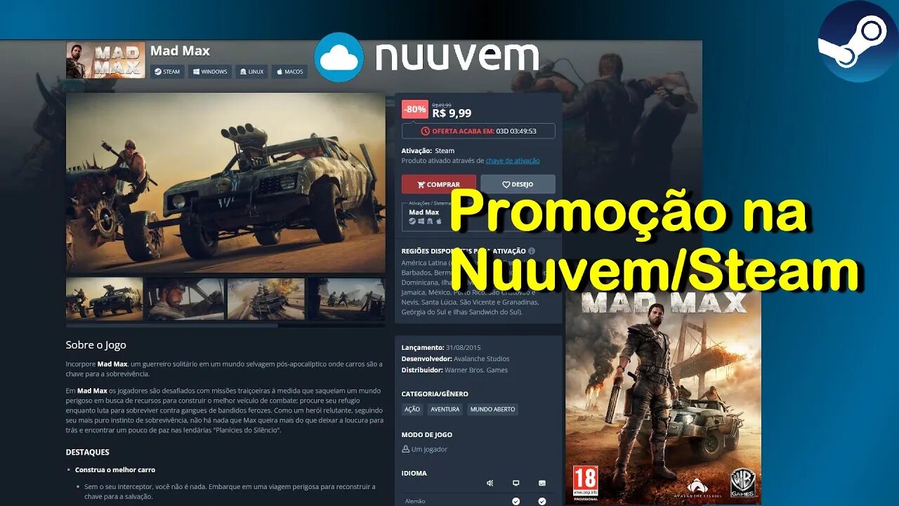 Mad Max em promoção na Nuuvem com código de ativação na Steam