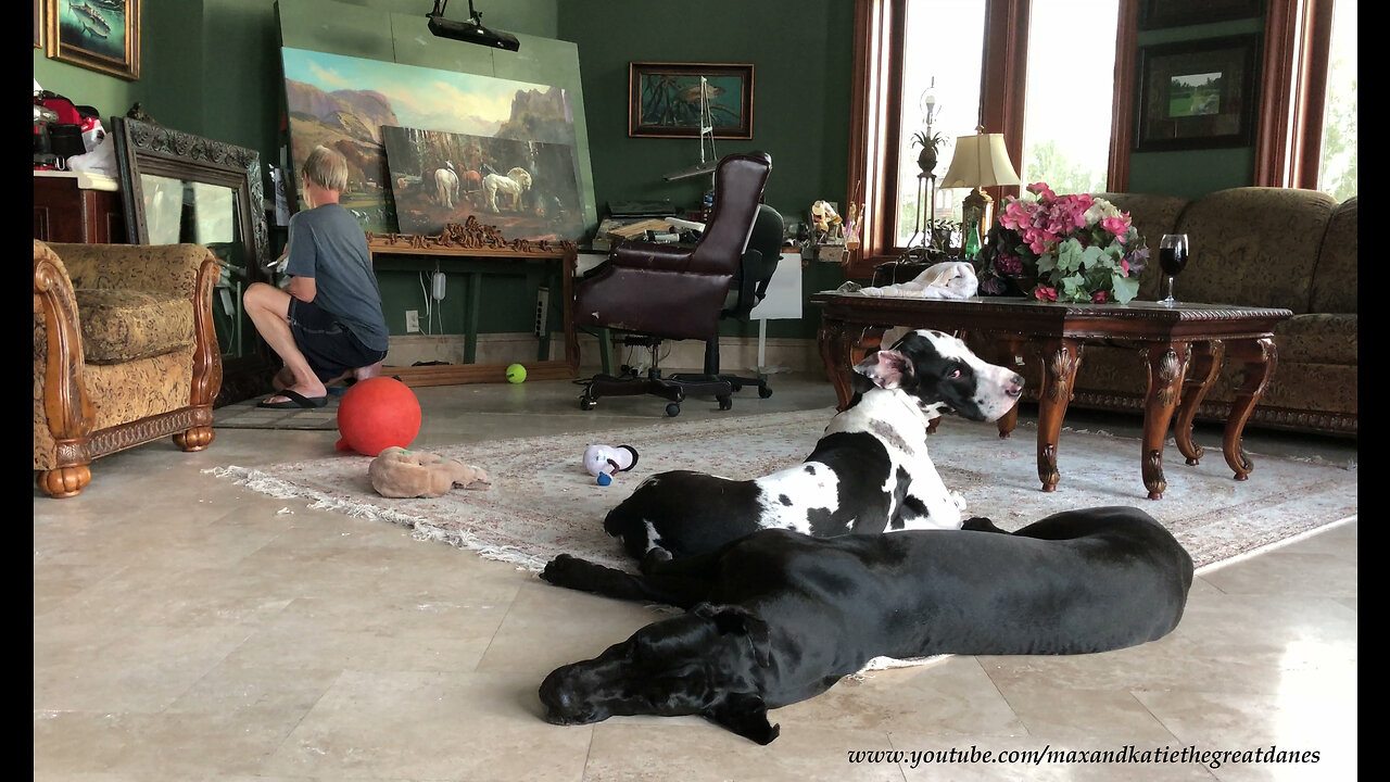 Artist Demonstrates Antique Wash Paint Technique While Great Danes Nap