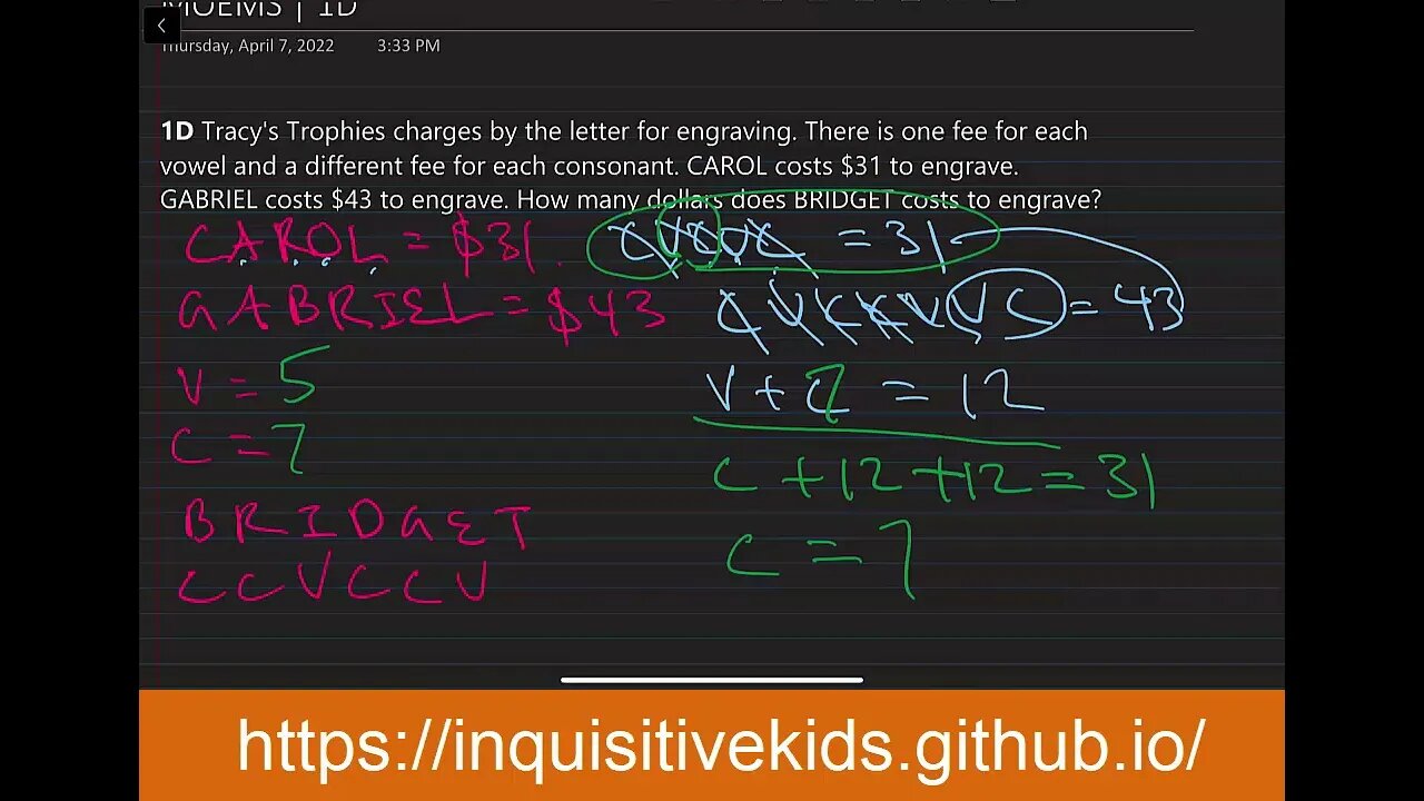 Math Olympiad for Elementary | 2010 | Division E | Contest 1 | MOEMS | 1D