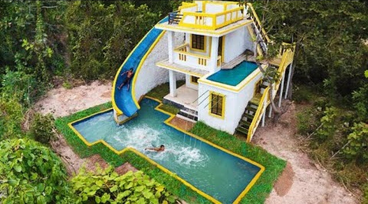 Build The Most Creatively 2-Story Villa House And Modern Water Slide To Swimming Pool In Deep Jungle