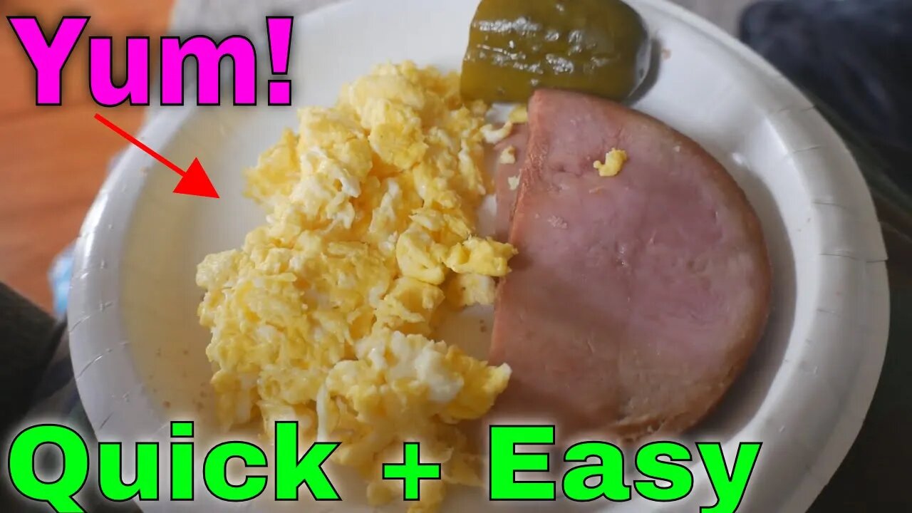 Scrambled Eggs And ham With A Pickel - Cooking Breakfast