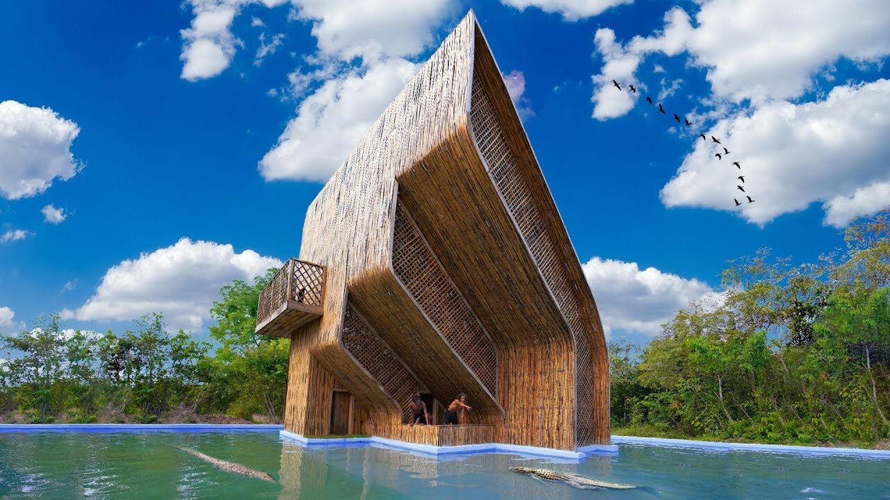 Build The Greatness Bamboo Villa With Swimming Pool And Feed the Crocodiles under Raining