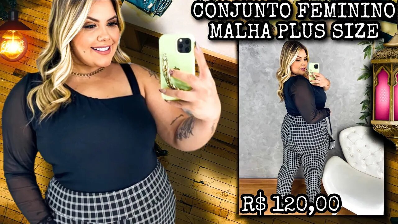 🛑 CONJUNTO FEMININO BLUSA CROPPED E CALÇA NO CREPE DE MALHA PLUS SIZE