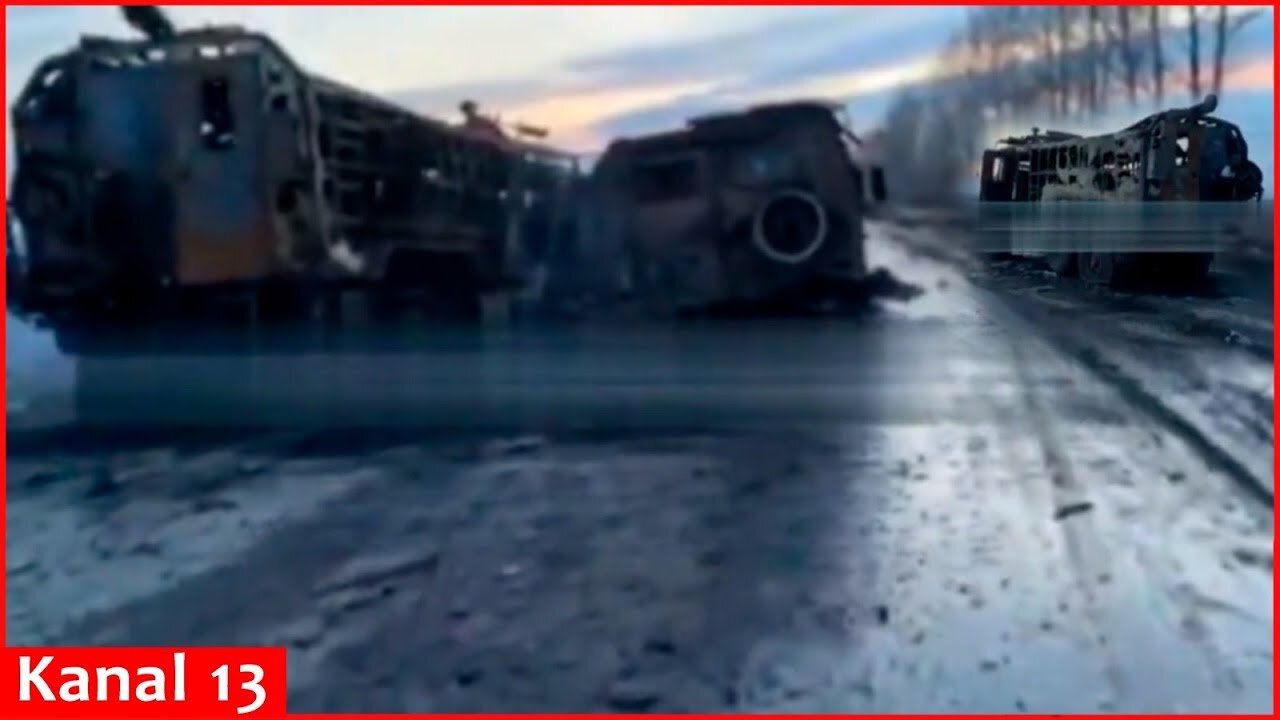 The image of convoy of Russian equipment destroyed by US missiles - vehicles burned, soldiers died