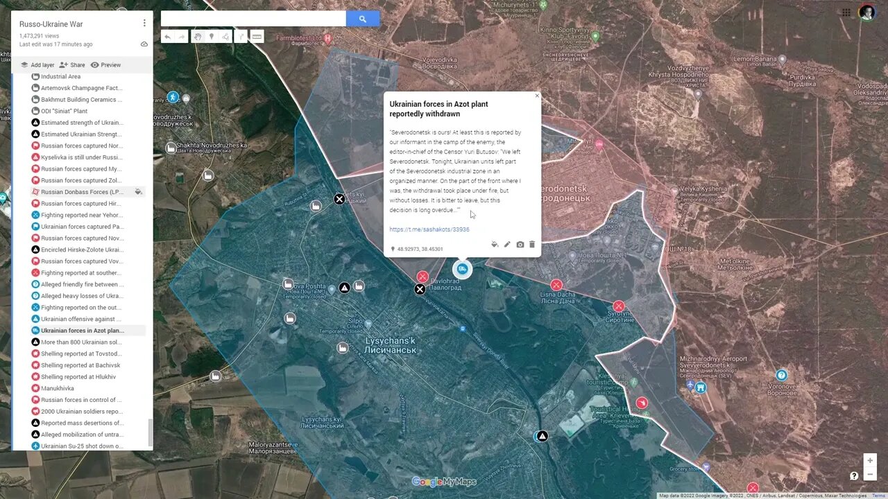 [ Luhansk Front ] Russian forces captured Vovchoyarivka; Operational encirclement of Lysychansk & S.