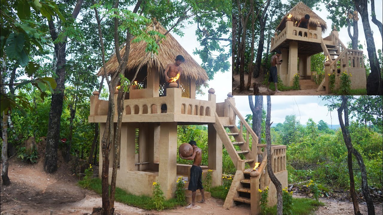 Build The Most 2 Story Beautiful Small House in Jungle by Ancient Skills