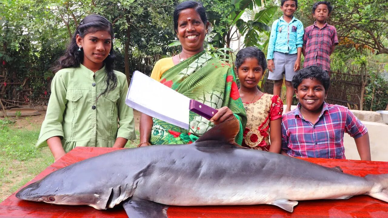 BIG SHARK FISH | Giant Shark Fish Cutting and Cooking | Seafood Recipe | Village Fun Cooking