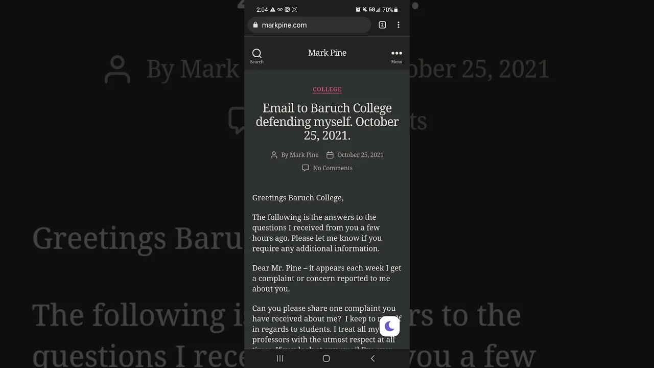 Email to Baruch College defending myself. October 25, 2021.