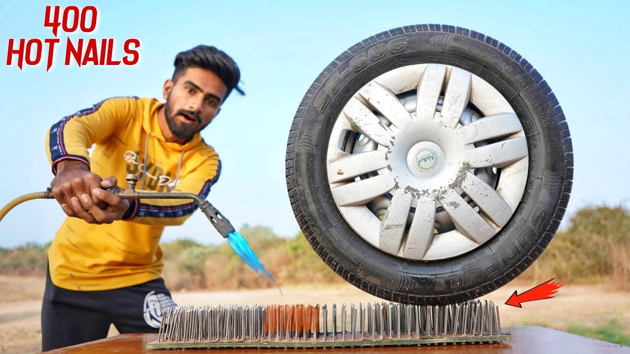 400 Hot Nails Vs Car Tyre - 400 गरम कील पर चढाई कार - Will It Survive ?