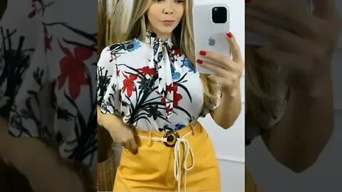 Blusa manga Curta Feminina com Babado/ Estampa Flores/ gola Alto Amarrado/ shopee