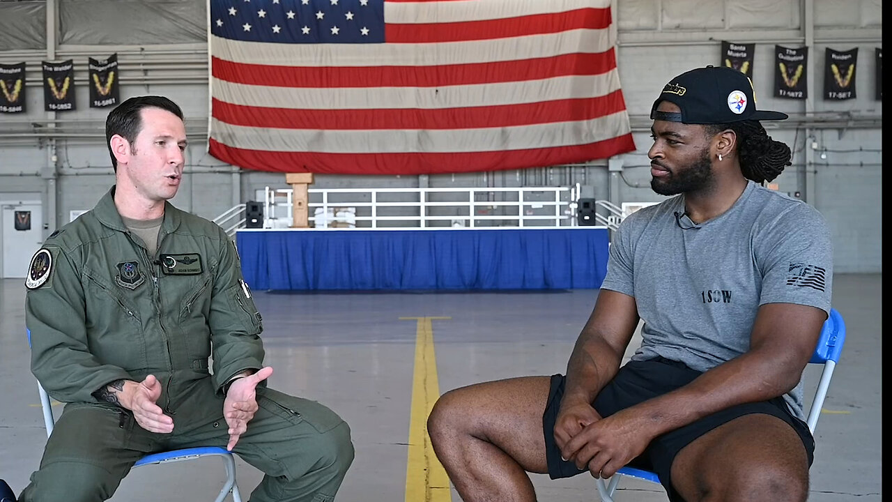 Najee Harris, Pittsburgh Steelers’ running back, interviews U.S. Air Force Col. Adam Schmidt