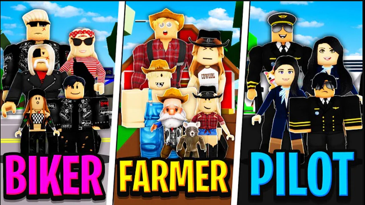 Roblox : BIKER FAMILY vs FARMER FAMILY vs PILOT FAMILY in Roblox BROOKHAVEN RP!!