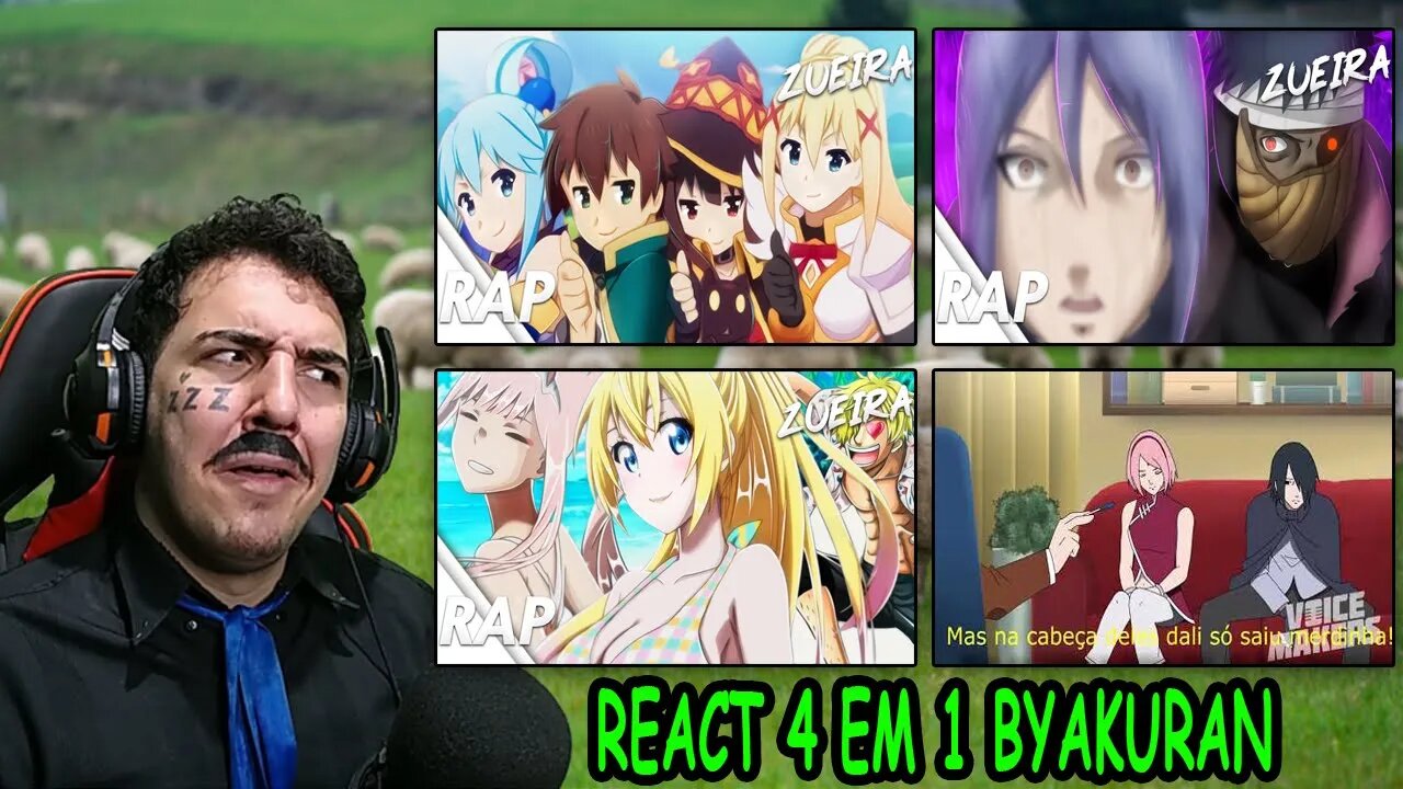 REACT 4 EM 1 BYAKURAN: KONOSUBA | FECHADÃO COM O ROTEIRO| EP DE PRAIA | Diss para os fãs de SasuSaku