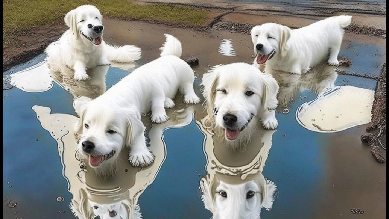 Doggy joy look how these white dogs puddle in the puddle