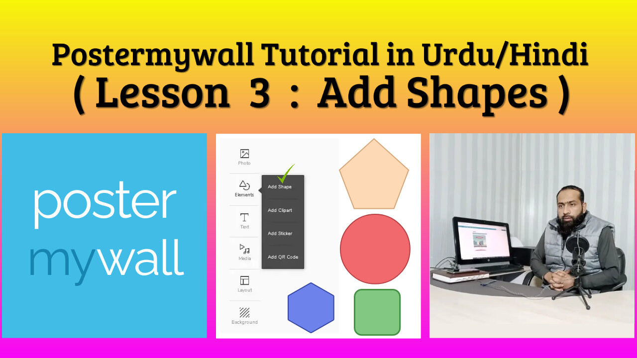 Shaghil Media add shapes thumbnail Lesson 3 Postermywall Tutorial in Urdu/Hindi