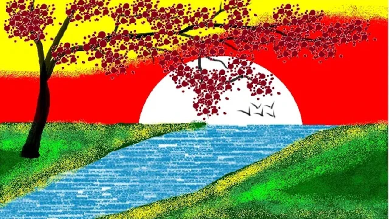 How To Draw Easy Sunset Scenery in MS Paint | Sunset Scenery Drawing On The River With MS Paint