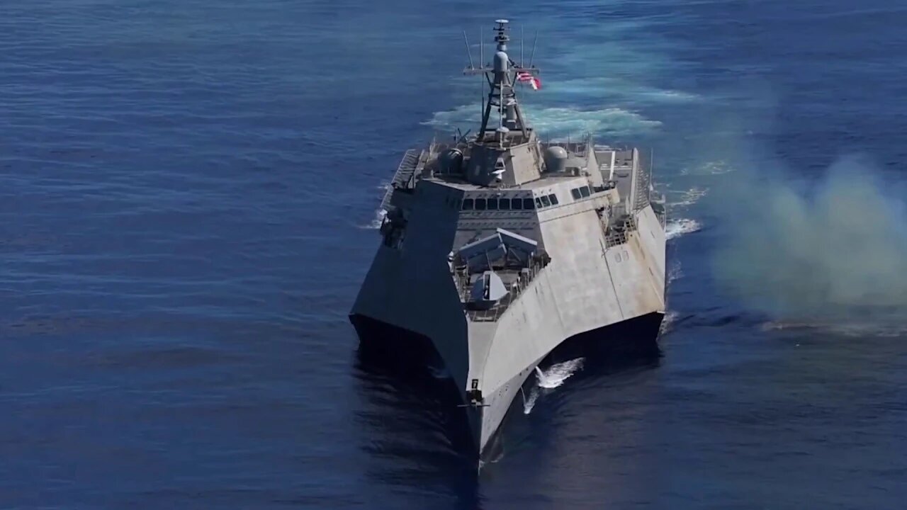 USS Gabrielle Giffords (LCS 10) launches a Naval Strike Missile during exercise Pacific Griffin.