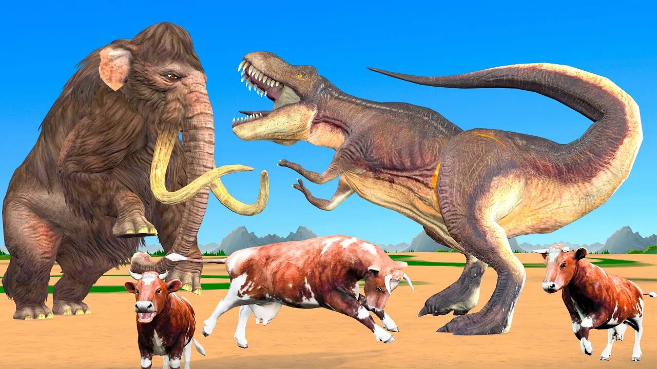 Mammoth Elephant vs Dinosaur T rex Fight Attack Cow Cartoon Family Saved By Mammoth Animal Revolt