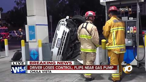 Driver loses control, flips near gas pump