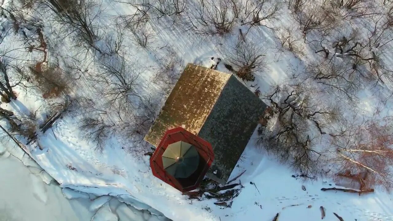 Aerial View of Grand Island Ice Curtains & Lighthouse. Munising, Michigan