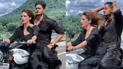 Girl and boy bike riding in royal enfield with black dress #girl #royalenfield #shorts