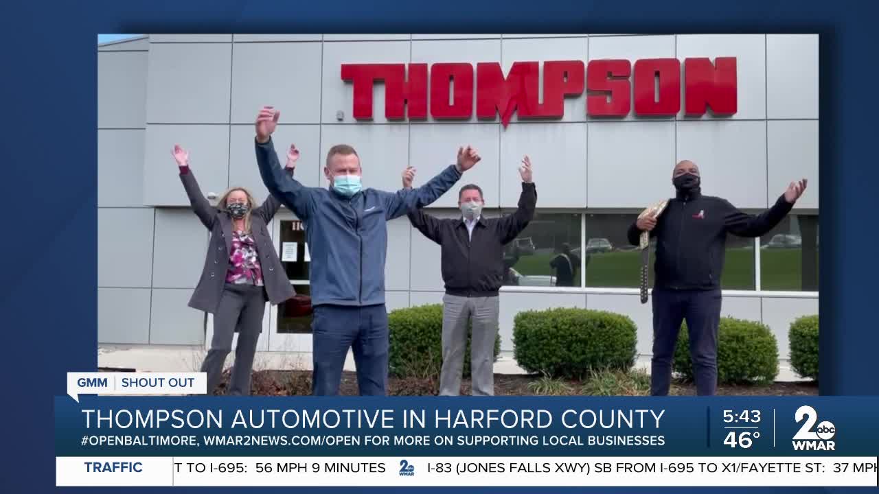 Thompson Automotive in Harford County says "We're Open Baltimore!"