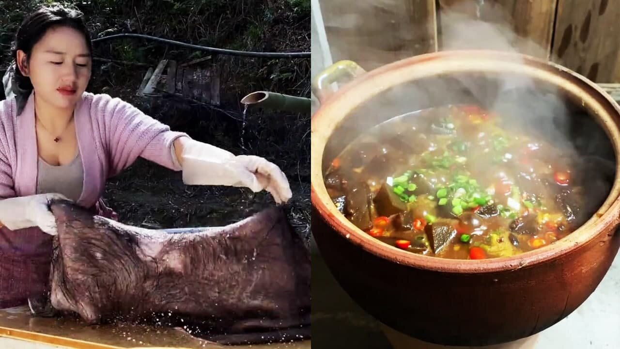 Braised Bison Skin Technique Cooking Beef Skin Eating So Hot Delicious