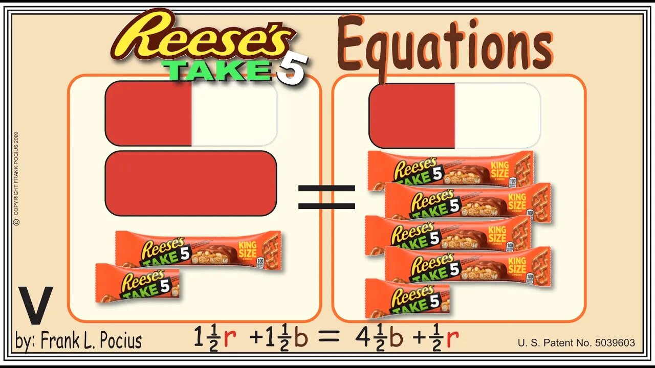 VISUAL REESES TAKE-5 1.5r+1.5b=4.5b+0.5r EQUATION _ SOLVING EQUATIONS _ SOLVING WORD PROBLEMS