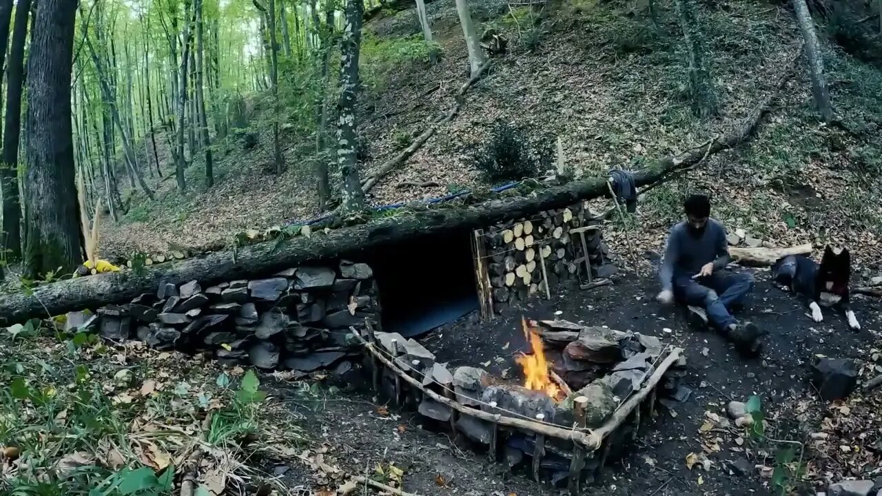 Camping, building wood and rock forest houses and fireplaces, quail cooking - survival, DIY $$ 20