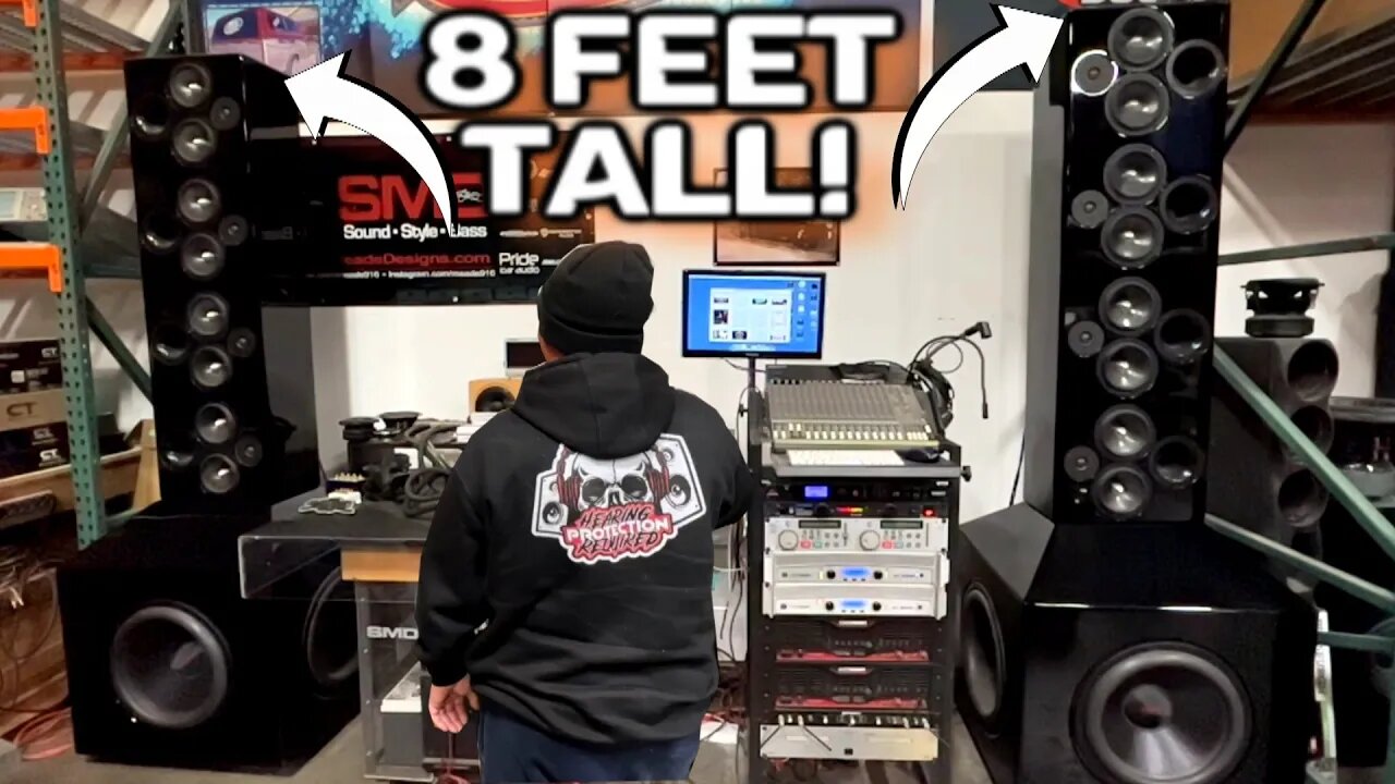 CRAZY BASS Flex! Giant 8 Foot Speaker Towers 2 18" Subs 4 18" Passive Radiators 16 7" Mids 8 Tweets