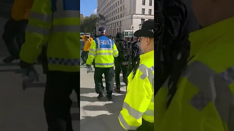 A man is taken away by British police for carrying a Union Jack flag