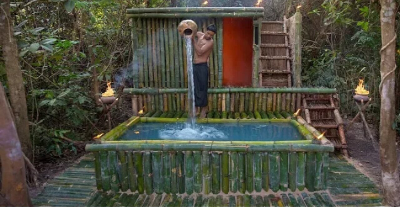 Build an Incredible Bamboo Mud Villa Mini Pool in Deep Jungle.