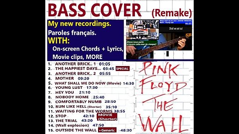 Bass cover (Remake) PINK FLOYD THE WALL _ +3 albums __ Chords real-time, Lyrics, Movie clips