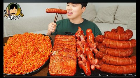 ASMR MUKBANG | Fire Noodles, spam, kimchi, Giant Kielbasa sausage recipe ! eating