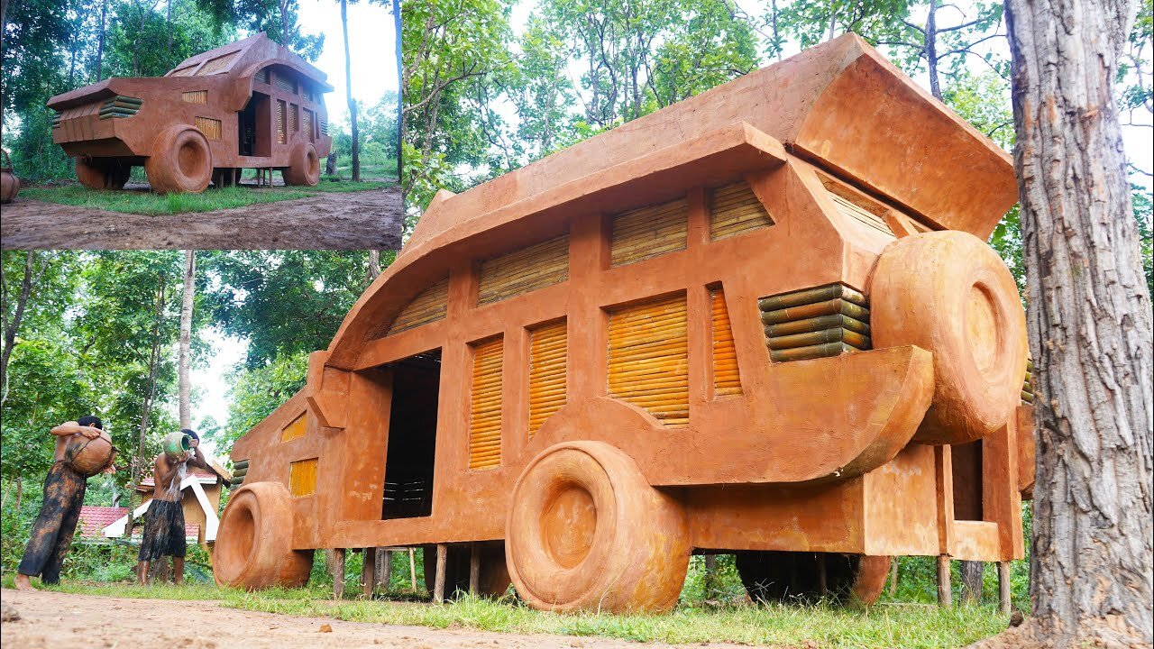 Build The Most Beautiful Car By Using Bamboo With Wooden & Mud - Car House