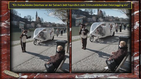 Ein freilaufendes Osterhasi an der Salzach lädt freundlich zum Immunstärkenden Osterjogging ein