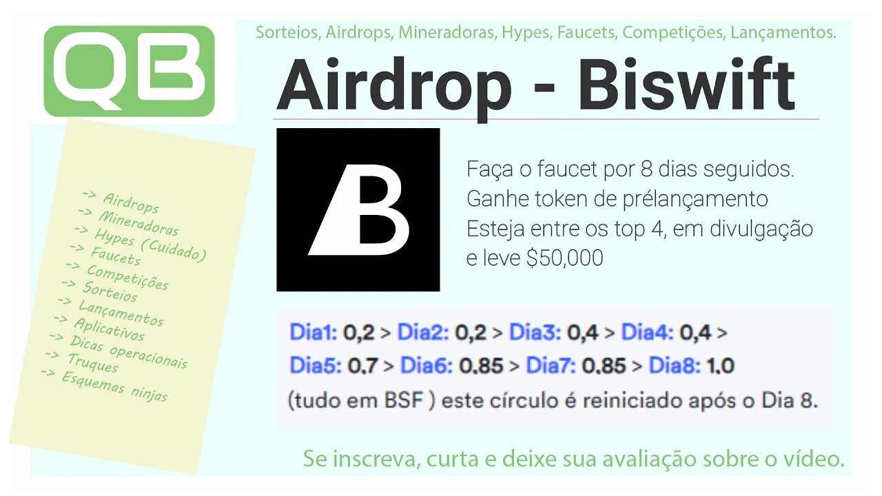 CanalQb - Airdrop - Faucet - Exchange Biswift - Divulgue e concorra até 50,000$